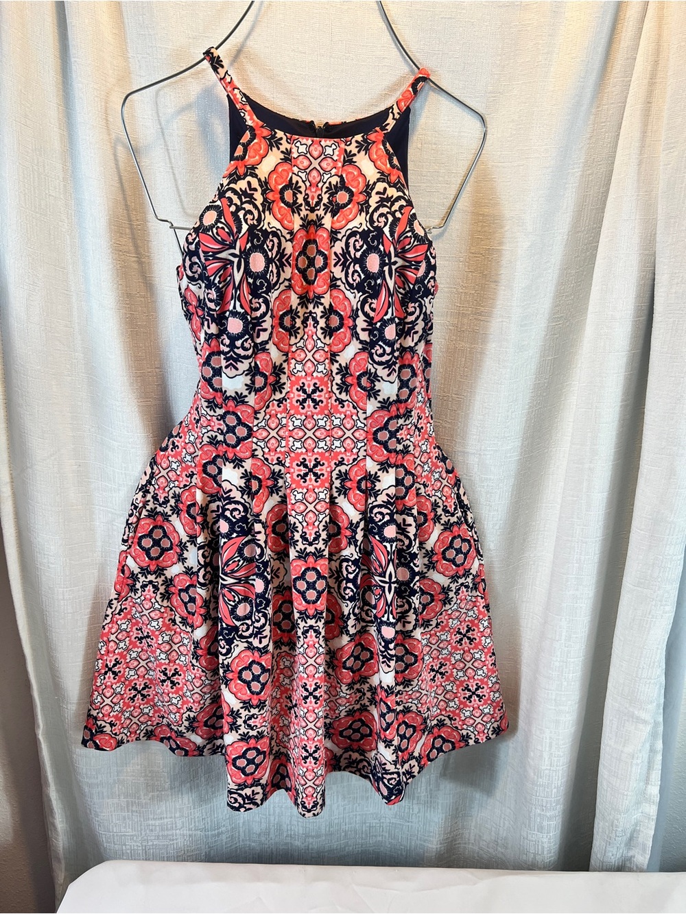 Vince Camuto Coral and Navy Halter Fit-and-Flare Mini Dress SIZE 6